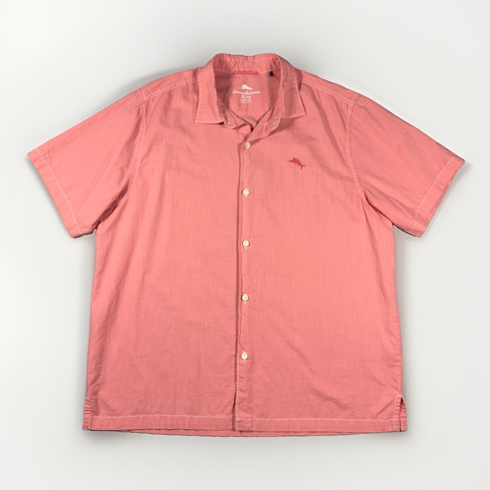 Tommy Bahama Men's XL Coral Short Sleeve Button Shirt Marlin Logo 100% Cotton